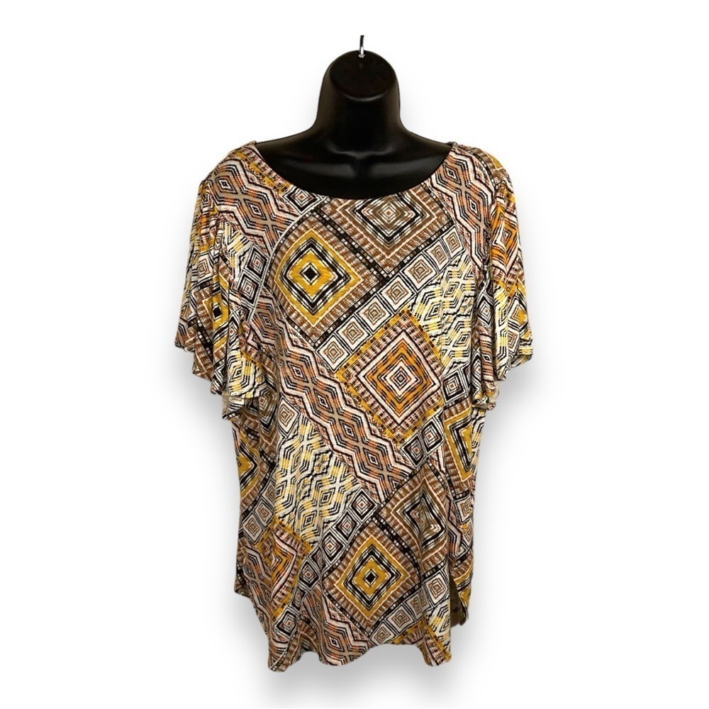 MEDIUM RUBY RD TRIBAL GEOMETRIC TOP SHORT SLEEVE ORANGE GOLDEN YELLOW BOHO